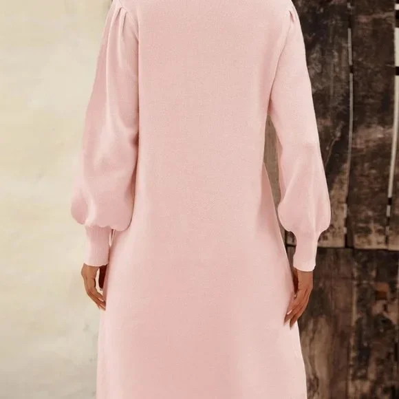 Lace detailed Lantern Sleeve Sweater Dress Baby Pink - Picture 3 of 5